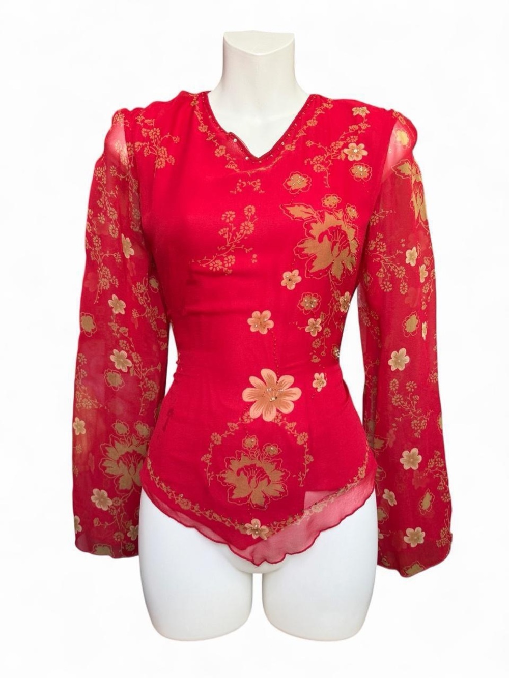 Worthington Red Floral V-Neck Blouse with Gold Accents